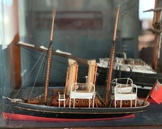 2 sail boats in glass show case 1800's