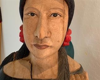 Life-size Carved wood Cigar Store Indian Woman w/ papoose	70x19x16in	HxWxD
