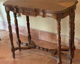 Antique 6-Leg Parlor Table Burl Top	29x32x19.5in	HxWxD
