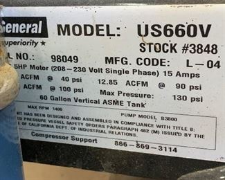 US General Air Compressor US660V	68x28x26in	HxWxD
