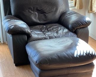 AS-IS Blue/Gray Leather Chair w/ Ottoman