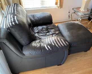 AS-IS Blue/Gray Leather Chair w/ Ottoman