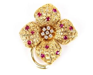 Diamond & Ruby 18K Brooch