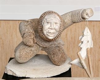 Whale Bone Fisherman Sculpture With Black Pedestal Base