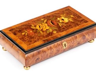 Italian Burl And Inlay Musical Jewelry Box With Key