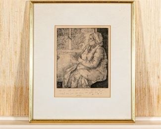 Signed Etching With Woman Near Window