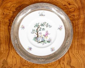 Royal Worcester Watteau Plate In Sterling Silver Frame