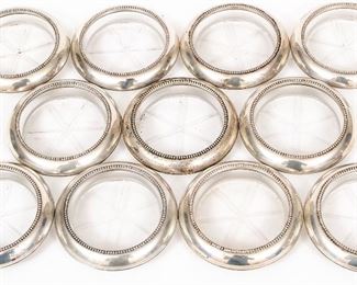 Set Of 11 Frank Whiting & Co. Sterling Silver & Crystal Coasters