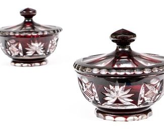 Pair Of Ruby Cut To Clear Lidded Candy Dishes
