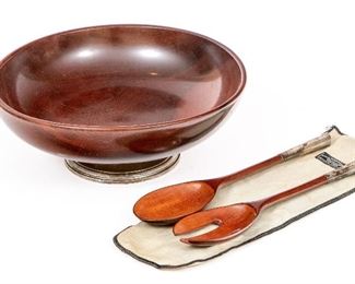 Mid Century Wood & Sterling Rotating Bowl With Servers