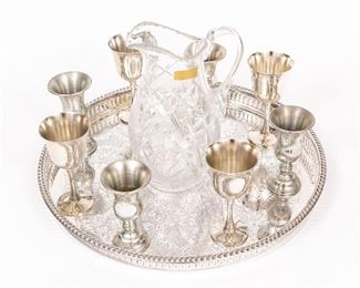 W. German Crystal Pitcher, Silver Plate Tray With 8 Goblets