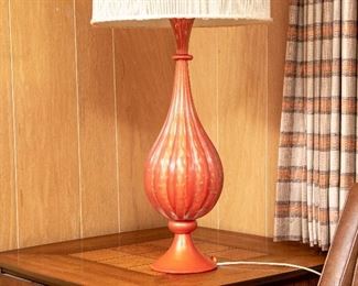 Mid Century Murano Blown Orange Glass Ribbed Bag Form Vase