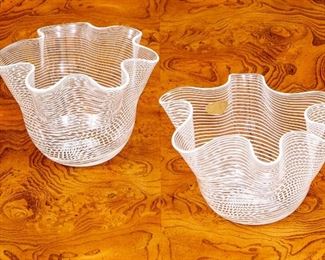 Pair Of Venetian Latticino Swirl Handkerchief Vases, 