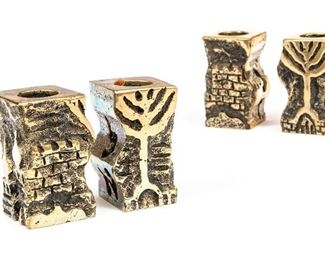 Two Pairs Of Bronze Intersecting Signed Candleholders