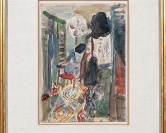 Signed Watercolor With Room Interior