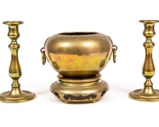 Chinese Footed Brass Censer & A Pair Of Brass Candlesticks