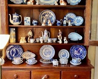 Shaker cabinet filled with lovely collectibles including Staffordshire figurines, Toby mugs, transferwRe and china