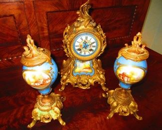 French Gilded Regule Clock Set With Porcelain Inset Panels