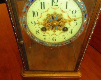 Antique French Champleve Enamel & Brass Crystal Regulator Mantle Clock