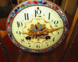 Detail of Face of Antique French Champleve Enamel & Brass Crystal Regulator Mantle Clock