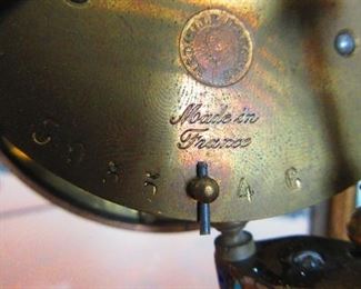 Mark on Antique French Champleve Enamel & Brass Crystal Regulator Mantle Clock