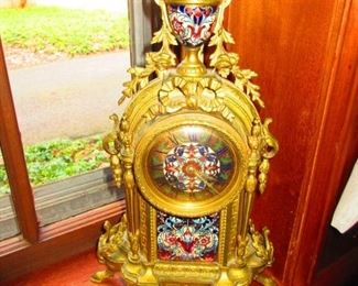 French Gilded Bronze and Champleve Enamel Mantle Clock Ca. 1900