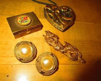 Chanel Earrings, Large Victorian Locket, Dragon Pin and Pillbox