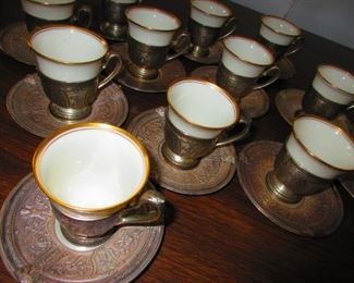 Sterling Demitasse Cups & Under-plates with Porcelain Liners
