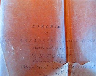 Detail of Battlefield Map Found Tucked in Civil War Era Map of Kentucky & Tennessee, Belonging to General G.W. Morgan (Ca. 1863). Hand Drawing on Parchment, with Details to Fortifications at Battle of Arkansas Post, as Commanded by General Morgan