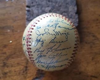 Signatures of Charlie Silvera, Hank Baur, Hall of Fame Players Johnny Mize & Yogi Berra, Bill Johnson, Joe Collins, Don Johnson, Cliff Mapes on 1950 Yankees World Series Team Signed Baseball