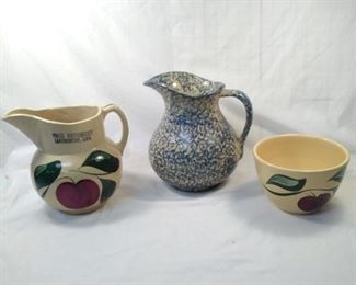 3 stoneware items including watt Ware pitcher # 7 & bowl #63. Robinson ransbottom pitcher