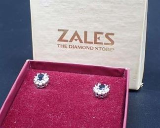 10K White Gold Stud Earrings W Blue Sapphire & Diamonds