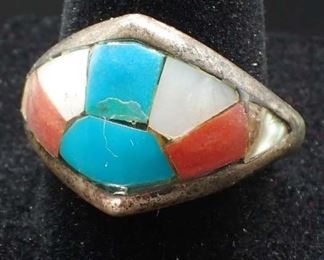 Sterling Silver Size 10 Ring W/ Red, White & Blue Inlay