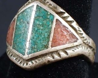 Sterling Silver Size 7 Ring W/ Green & Red Stone Inlay