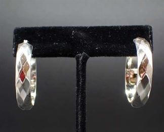 Sterling Silver Hoop Earrings W/ Geometric Pattern