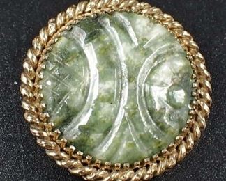 12K Gold Plated Pin Brooch W/ Jade Carved Stone