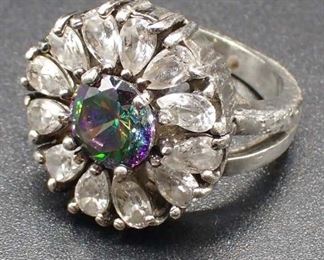 Sterling Silver Size 7 Ring W/ White & Aquamarine Gems