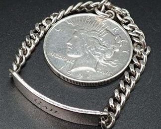 Sterling Silver Bracelet W Real 1924 Peace Dollar Charm