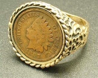18K Hge Large Ring W/ 1897 Indian Penny