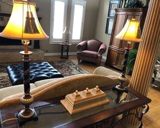 Glass Top Faux Leather Sofa Table, Pair of Table Lamps, 3 lid box