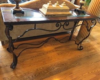Glass Top Faux Leather Sofa Table