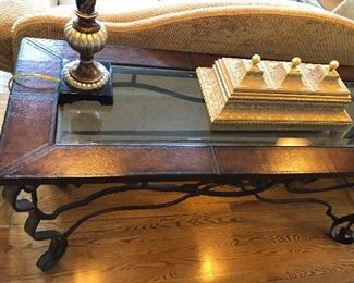 Glass Top Faux Leather Sofa Table