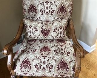 Carved Wood Arm Chair with cream burgundy upholstered in great condition!