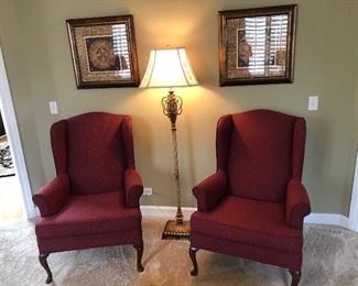 Pair of wingback chairs , floor lamp, matching wall art