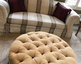 Thomasville round tufted large ottoman seat , camelback single cushion sofa