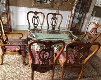 Glass top dining set , 6 chairs, unque base, 72w 42d 30h