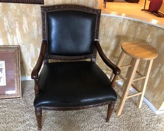 Black Leather Oversized Wood Arm Chair