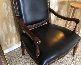 Black Leather Oversized Wood Arm Chair