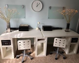 Pair of Children / Kids Desks with White Office Chairs, Pair of Lamps and office accesories