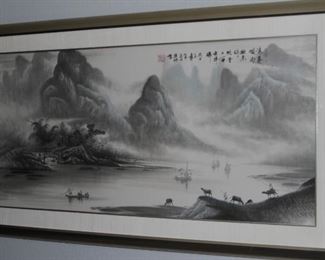 $350.00-Framed Asian Inspired River Scene-approx 6ft long x 2.5ft tall